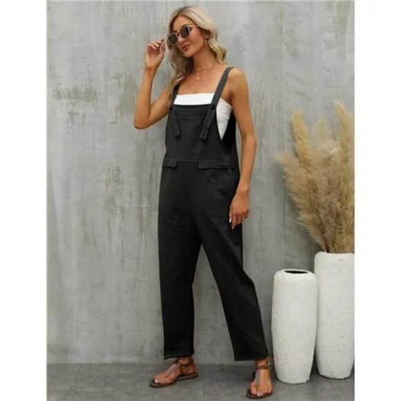 New Women's Baggy Loose Linen Overalls Jumpsuit Black - Picture 6 of 7